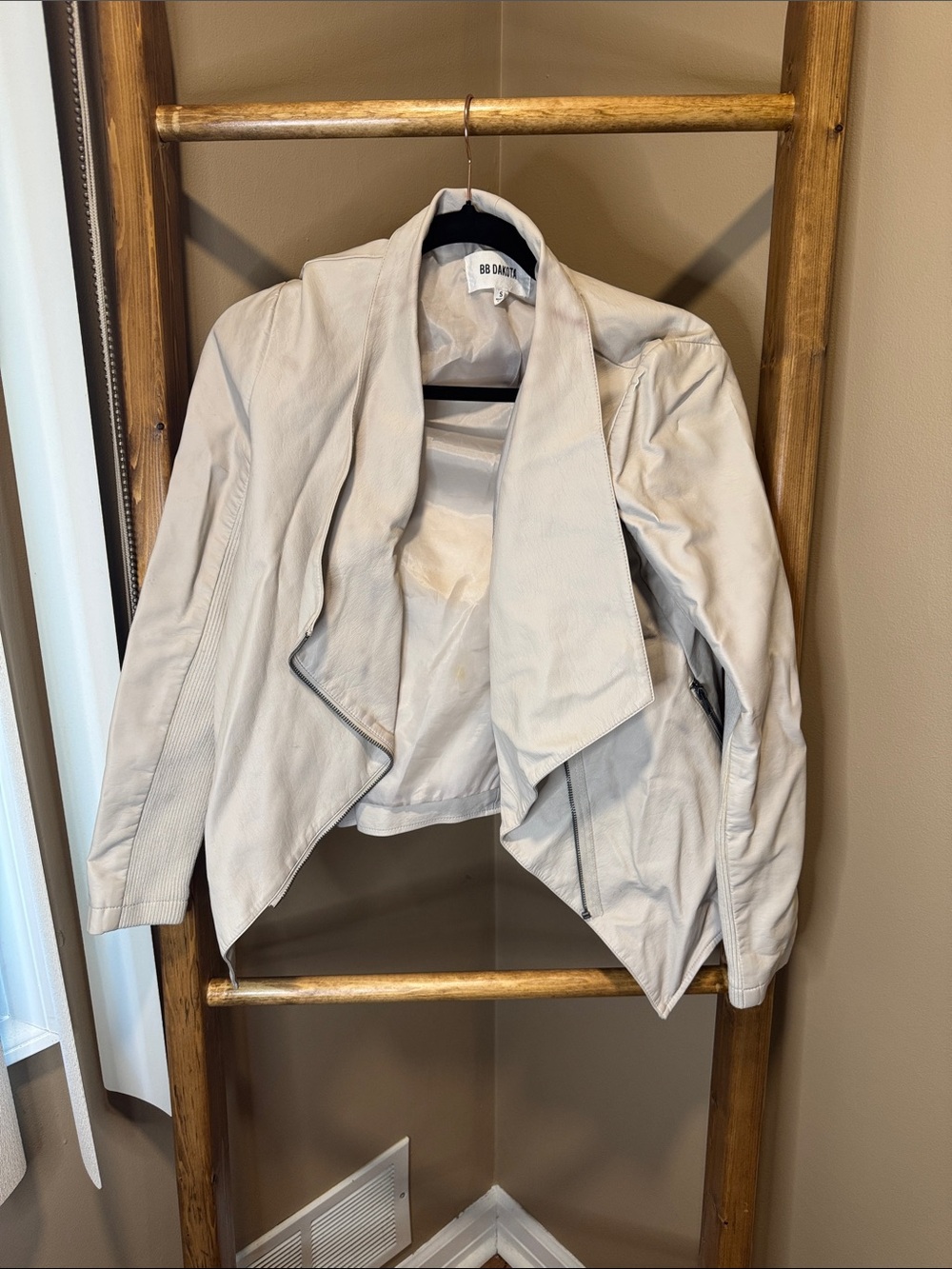BB Dakota Light Cream Draped Open-Front Moto Jacket